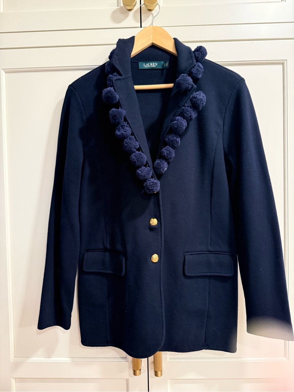 Lauren Ralph Lauren Navy Wool Blazer with Pom-Pom Trim